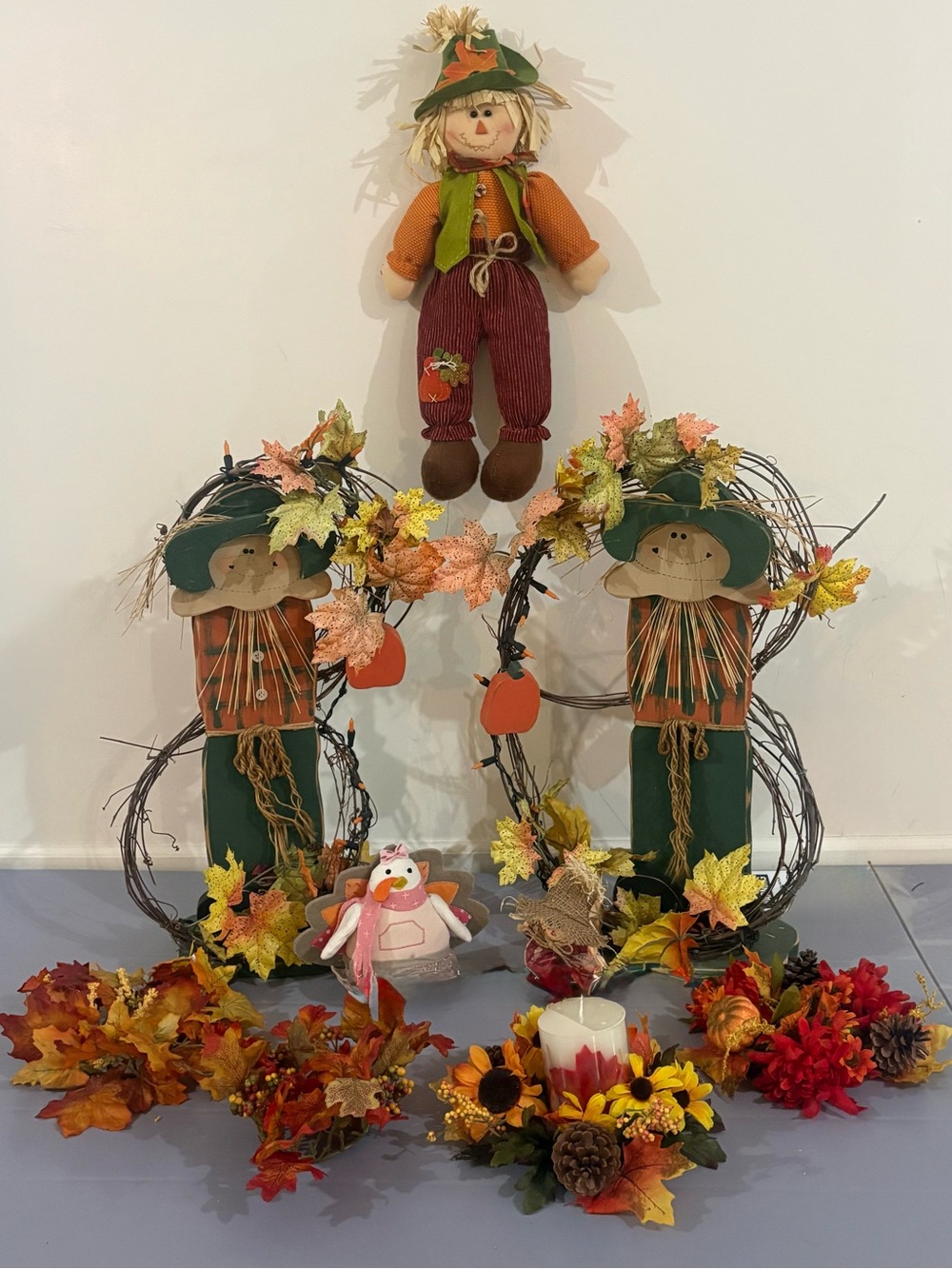 Autumn Scarecrow & Fall Floral Home Accent Set - Orange, Green, Brown